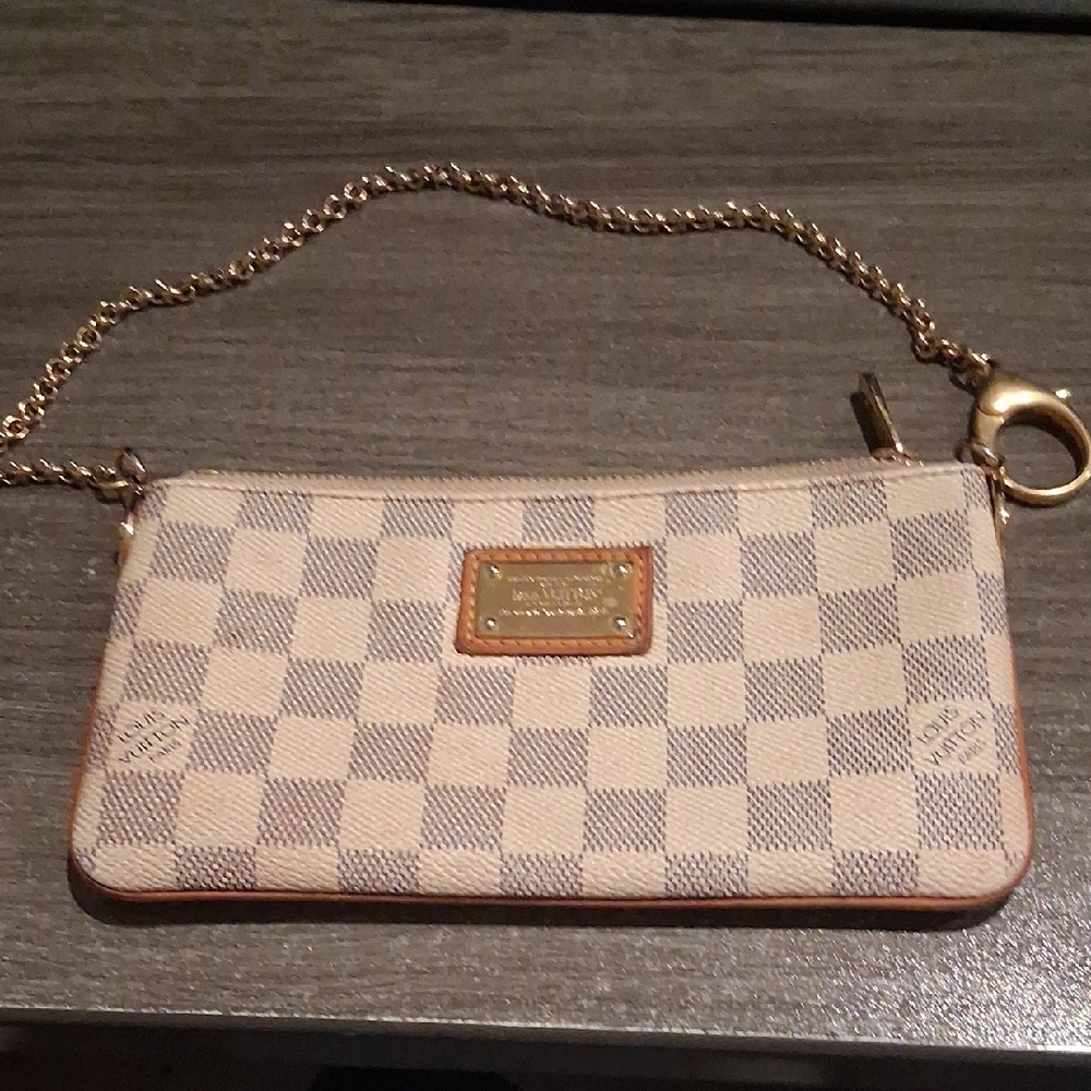 Louis Vuitton Cream and Ivory Damier Chain Wristlet Clutch with Gold Hardware